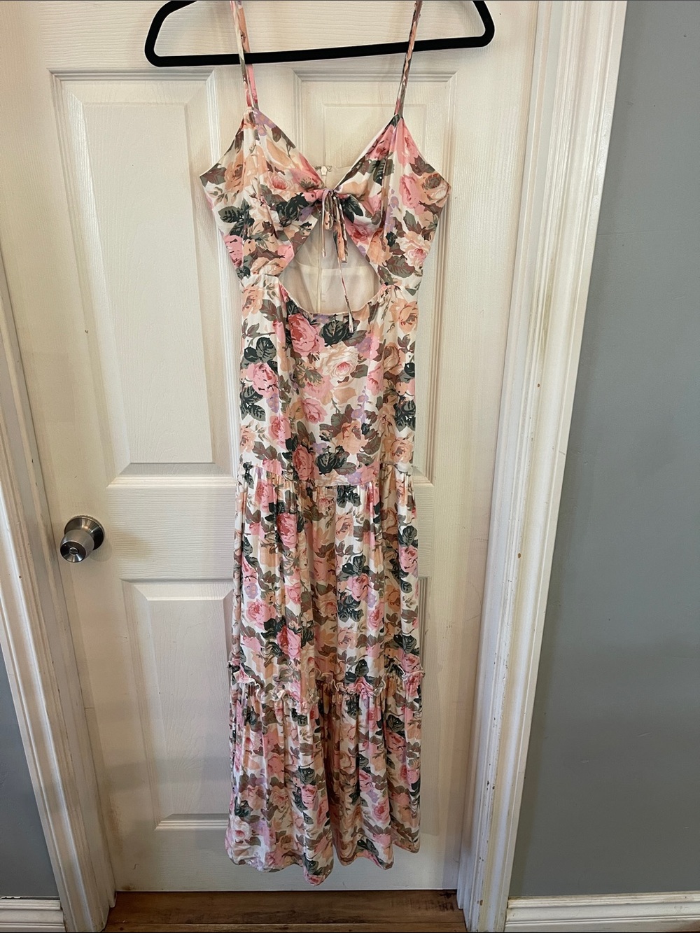 Floral Tie-Front cut out drop waist Pink & Cream cotton Maxi Dress